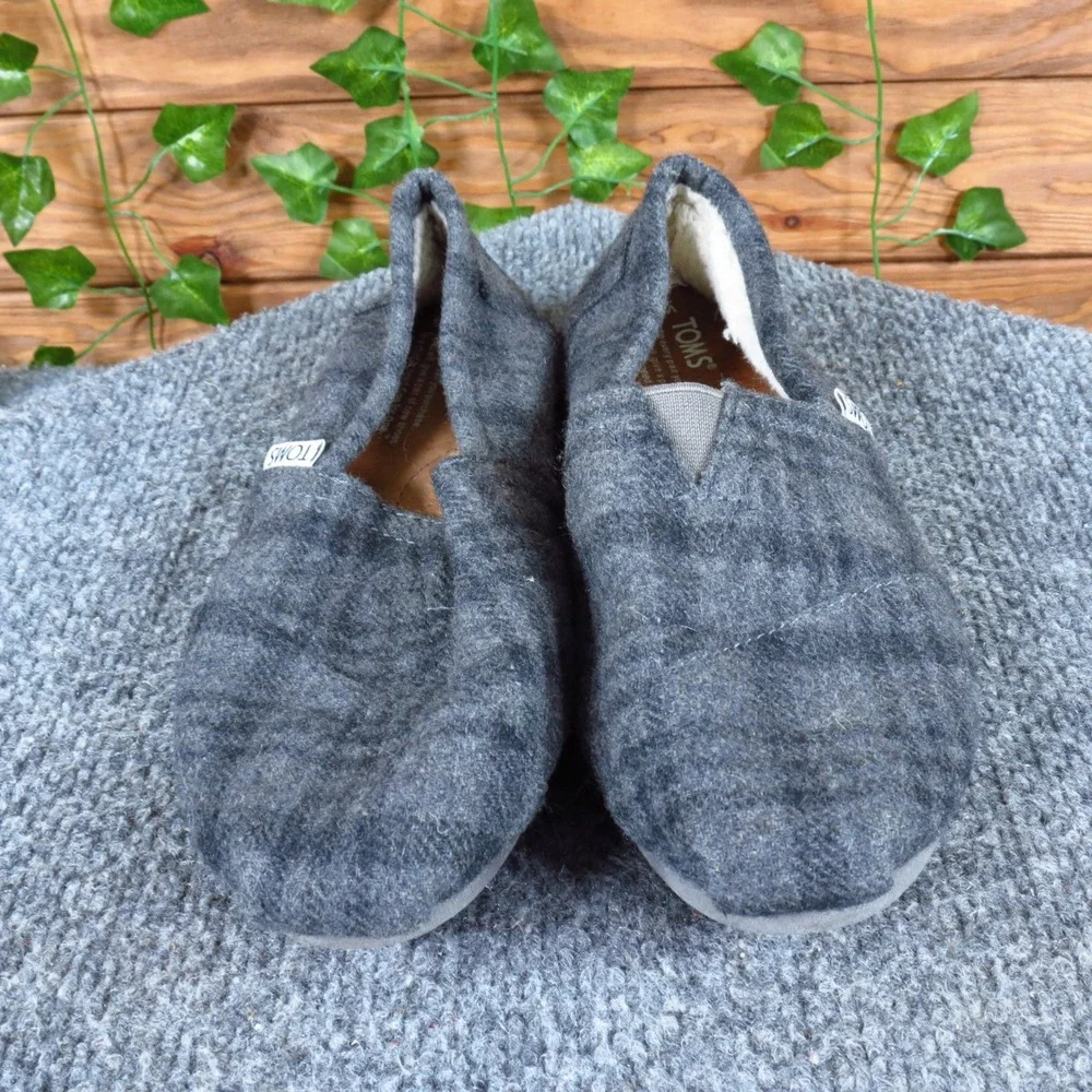 TOMS Classic Plaid Wool Women Flat Loafer Size 6.5 Casual Slip On Gray Alpargata